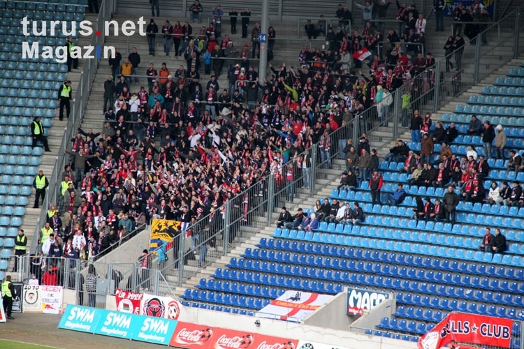 Fans von RB Leipzig zu Gast in der MDCC-Arena des 1. FC Magdeburg