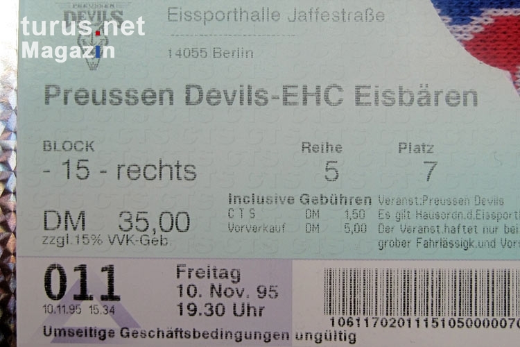 Ticket Preussen Devils - EHC Eisbären Berlin, 10. November 1995