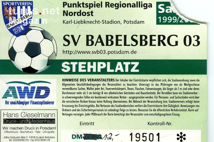 Eintrittskarte des SV Babelsberg 1999/2000
