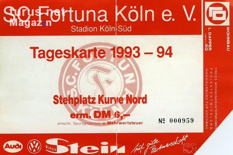 Eintrittskarte des SC Fortuna Köln 1993/94 (gegen Hertha BSC 1:3)