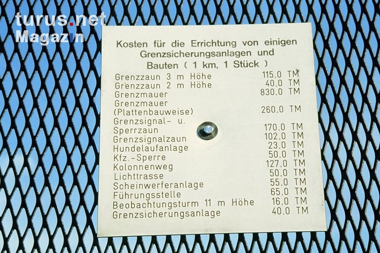 Kostenplan der einzelnen Elemente der deutsch-deutschen Grenze