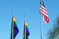 Regenbogenfahnen und die Flagge der USA