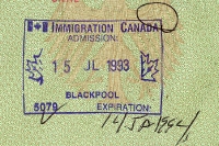 Immigration Canada, Einreisestempel von Kanada aus dem Jahre 1993