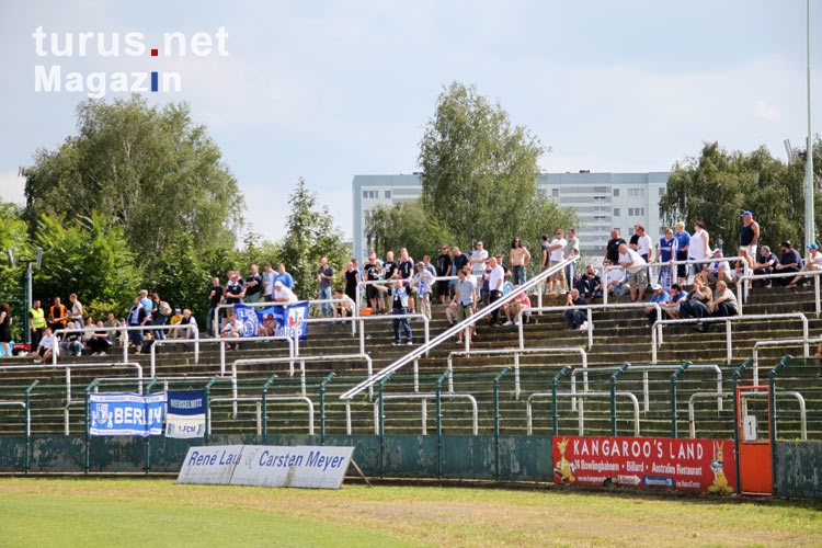 Fans des 1. FC Magdeburg im Gästeblock des Sportforums