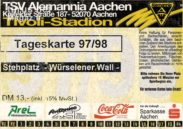 Eintrittskarte Alemannia Aachen 1997/98