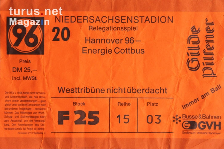 Eintrittskarte Relegationsspiel Hannover 96 gegen Energie Cottbus