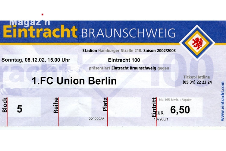 Eintrittskarte Eintracht Braunschweig Dezember 2002