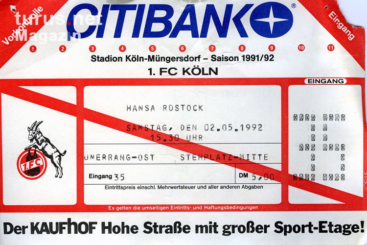 Eintrittskarte 1. FC Köln gegen Hansa Rostock im Mai 1992