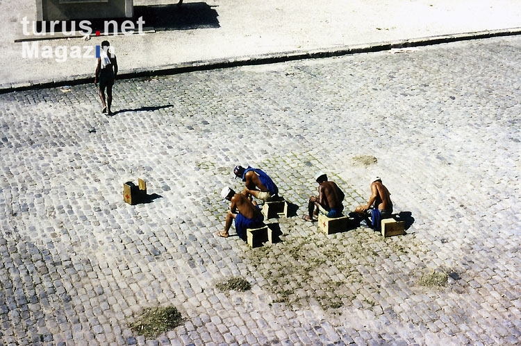 Männer zupfen in der Mittagshitze Unkraut in Belém