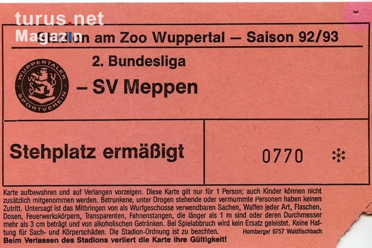Eintrittskarte 1992/93: Wuppertaler SV - SV Meppen