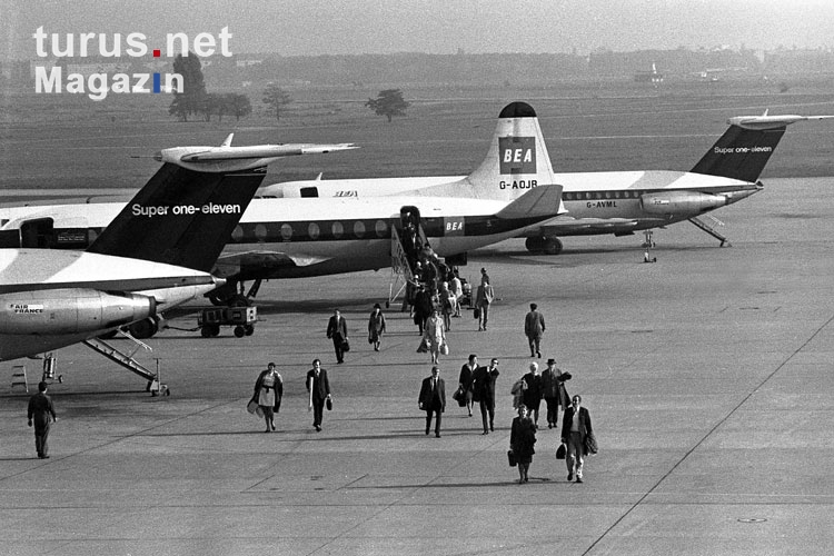 Flugzeuge der Super-one-Eleven und der BEA auf dem Flughafen Berlin-Tempelhof, 1960er Jahre