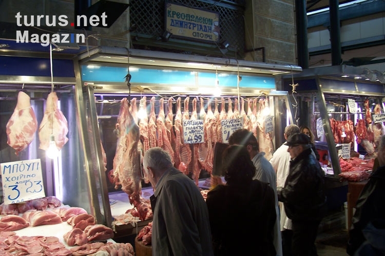 Alles frisch blutig vom Schlachter, Fleischmarkt in Athen